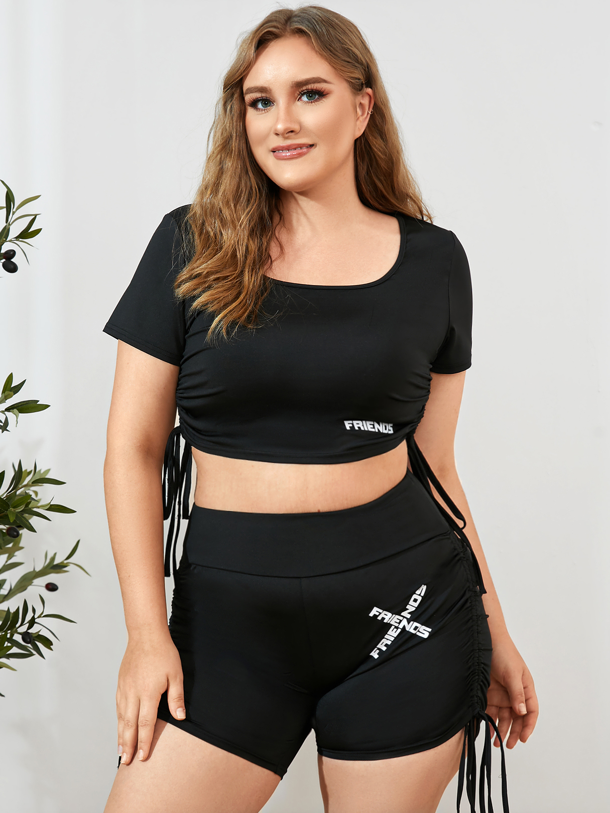 YOINS Plus Size Letter Drawstring Tie-up Design Short Sleeves Two Piece Outfit