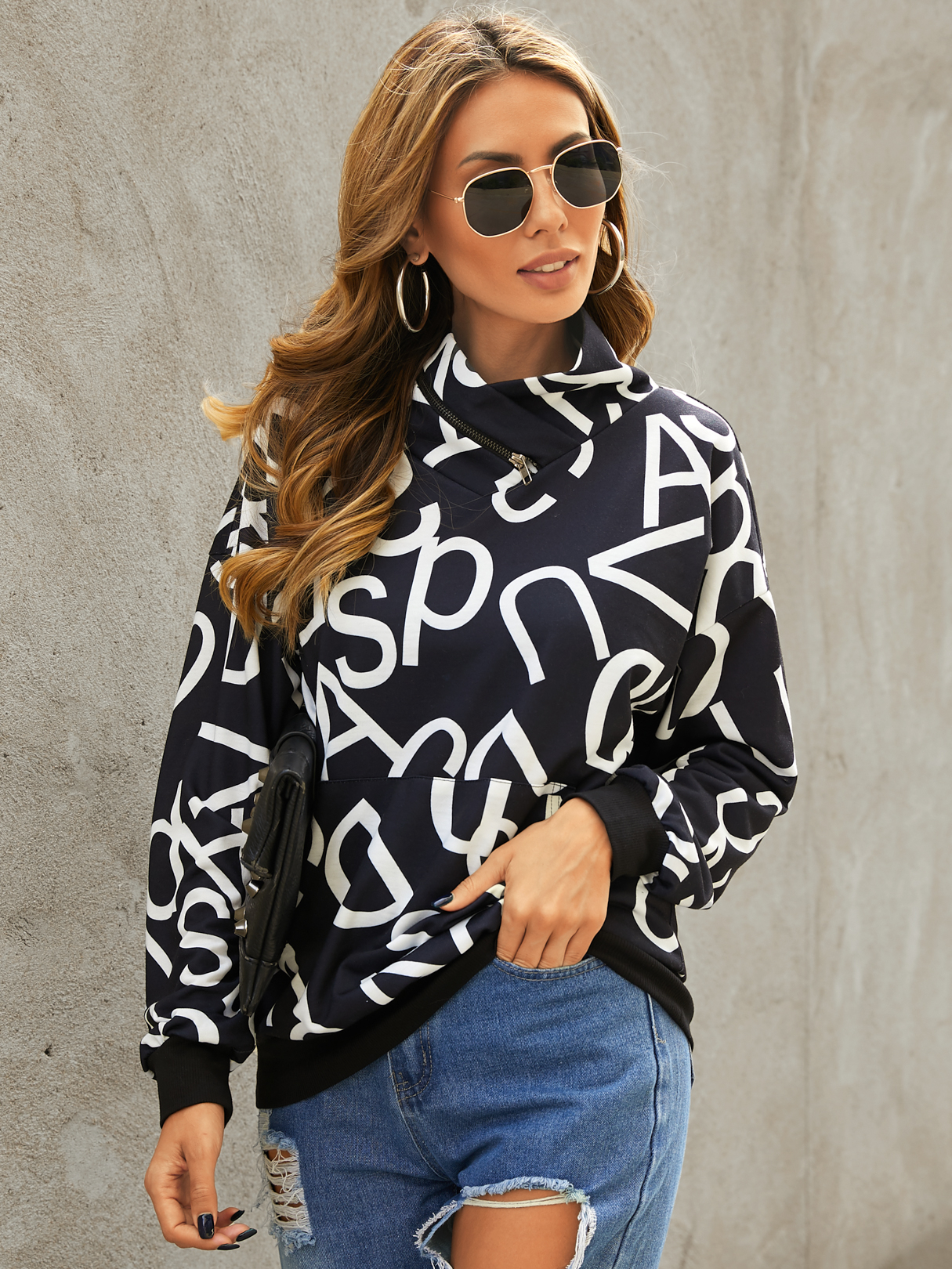 YOINS Black Pullover Letter Pocket design Sweatshirt
