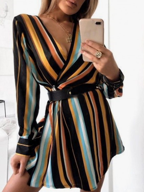 Yoins Striped Wrap design Long sleeves Mini Dress