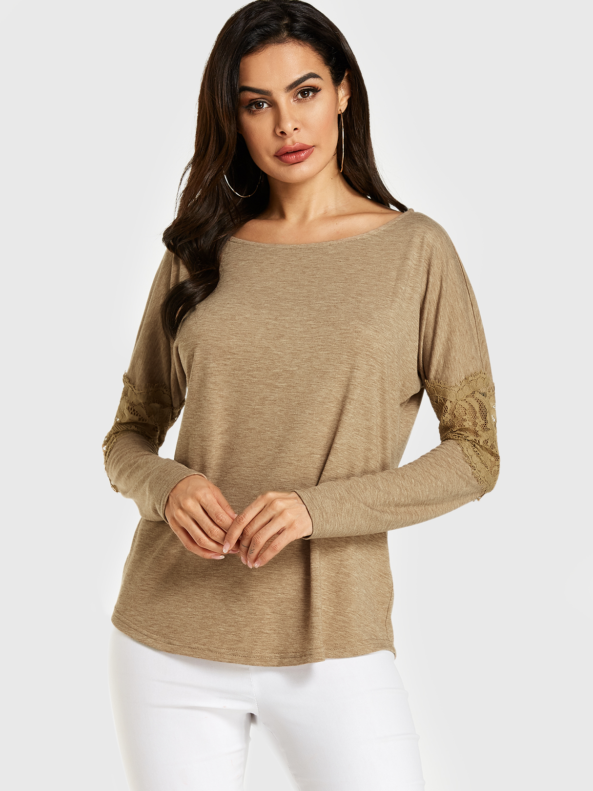 YOINS Beige Lace Insert Round Neck Long Sleeves Tee