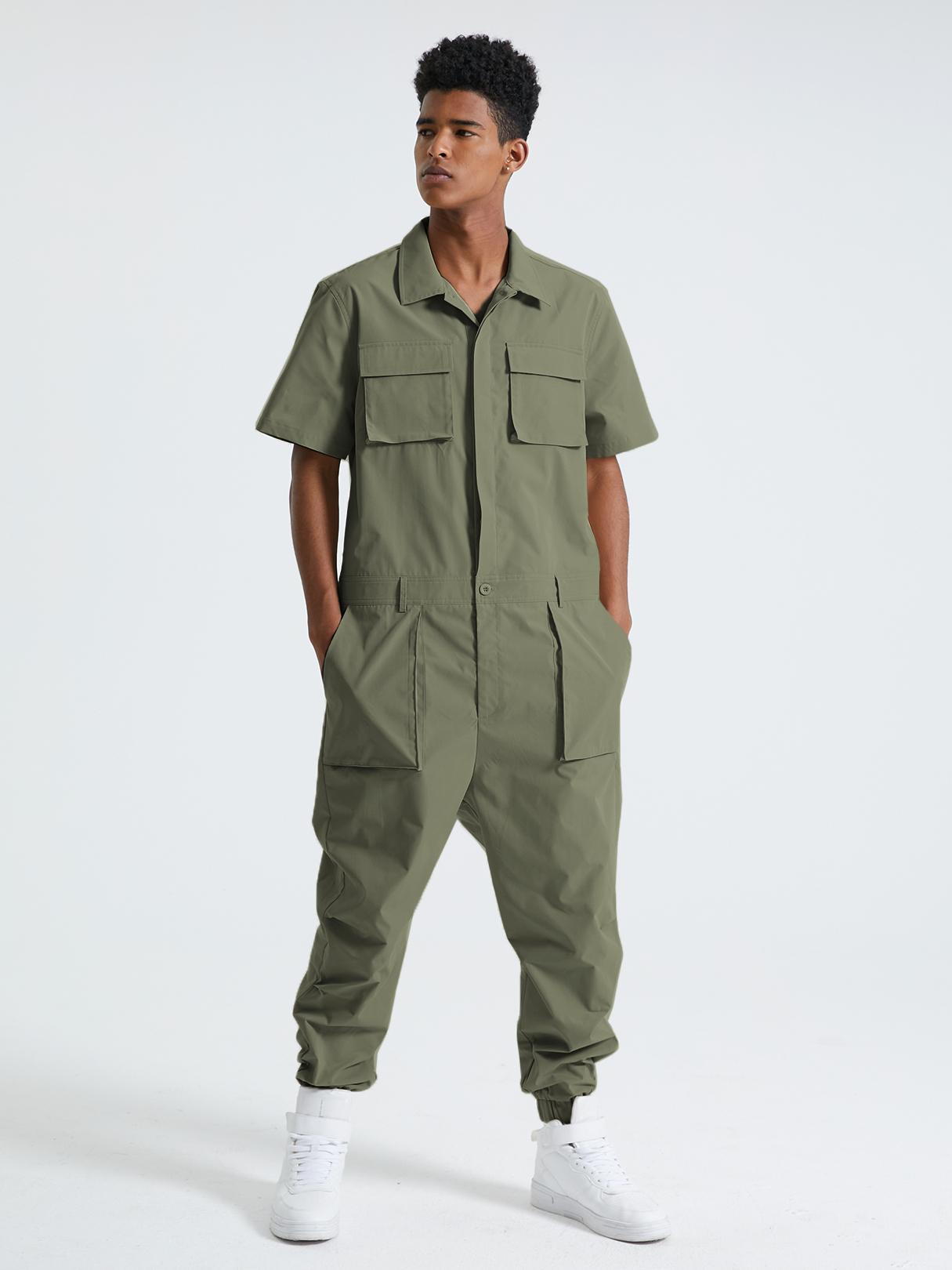 Men Fashion Plain Multi-pocket Short Sleeve Jumpsuit