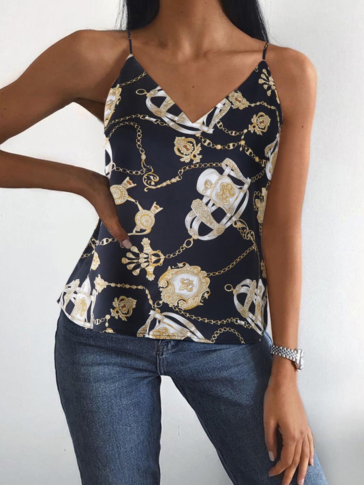 Black Scarf Print V-neck Cami