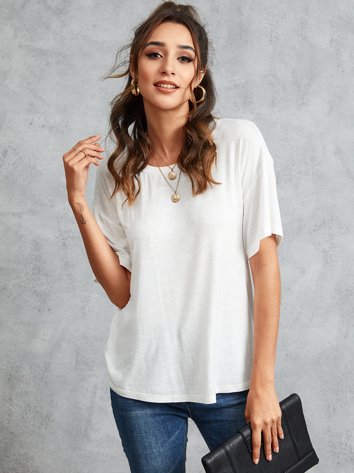 YOINS White Ruched Design Round Neck Short Sleeves Tee
