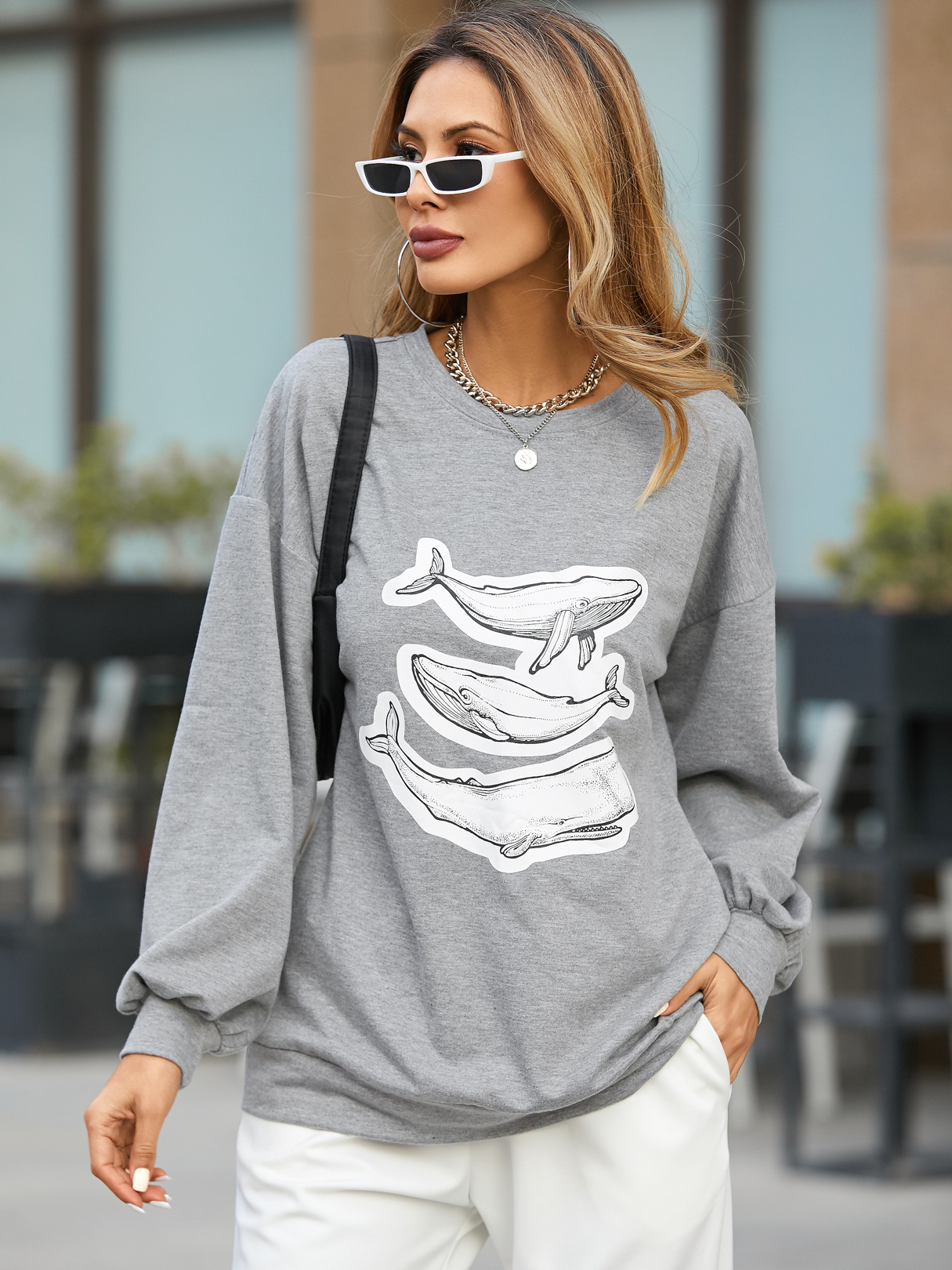 YOINS Shark Graphic Crew Neck Long Sleeves Sweatshirt