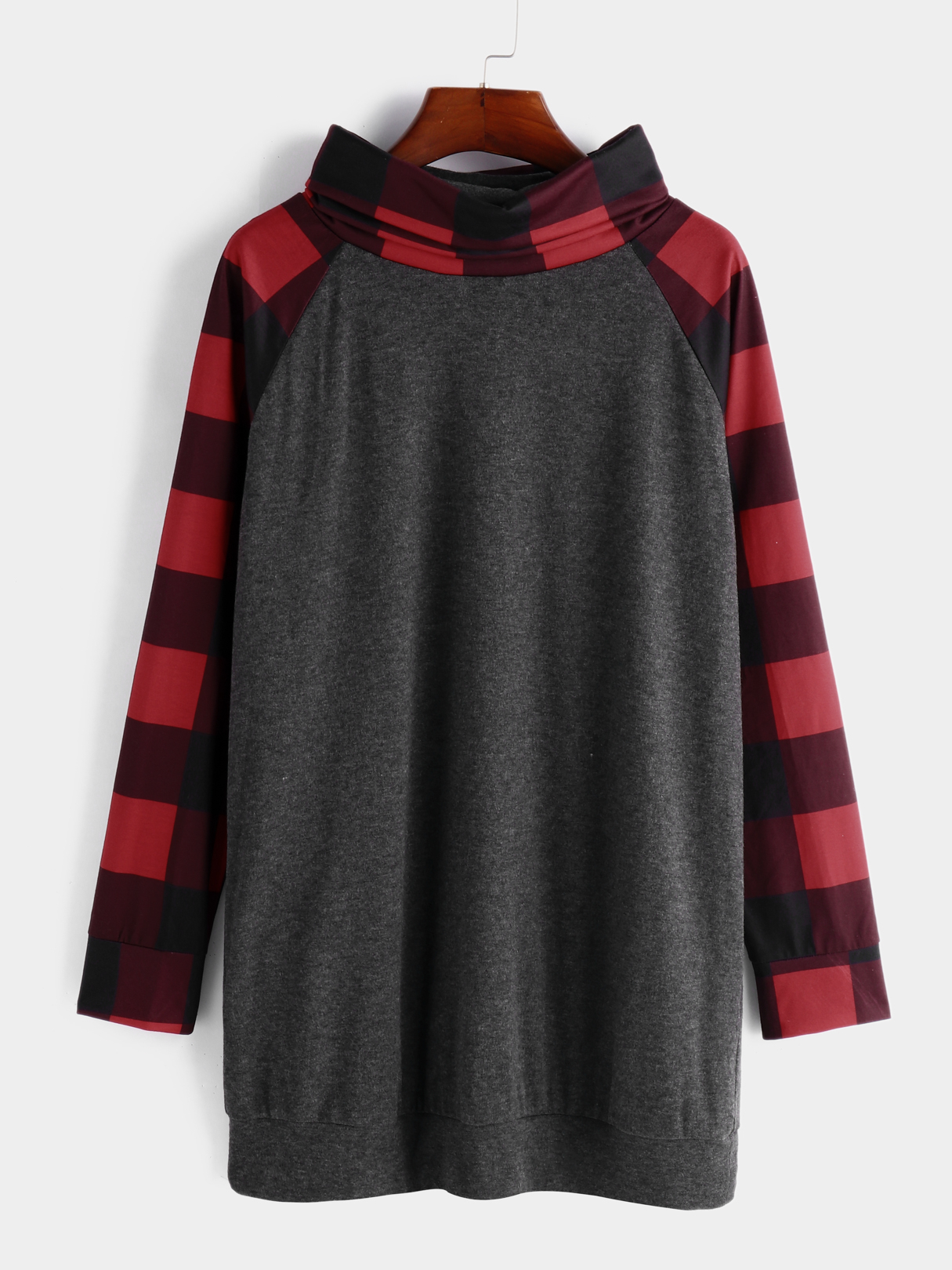 Grey Grid Stitching Roll Neck Long Sleeves Sweatshirt