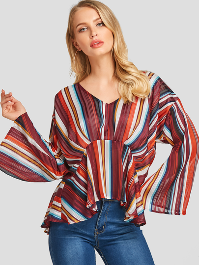 Multi Color Stripe Deep V Neck Bell Sleeves Blouse