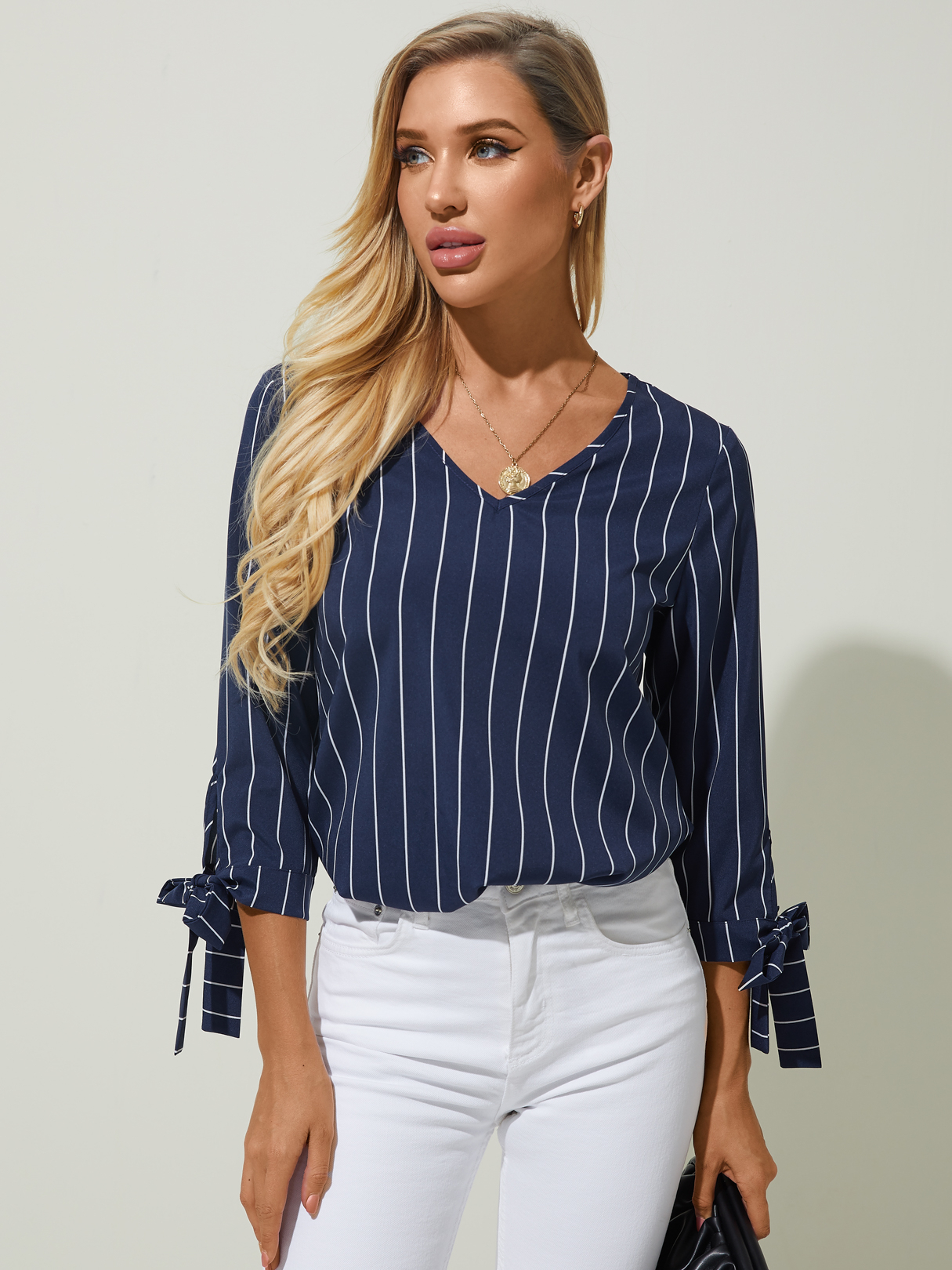 YOINS Striped Tie-up At Cuffs V-neck 3/4 Length Sleeves Blouse