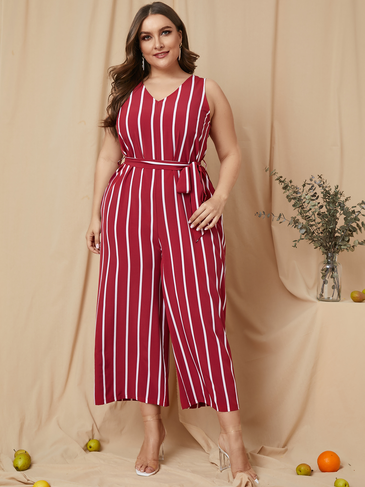 YOINS Plus Size Striped Belt Design V-neck Sleeveless Jumpsuit