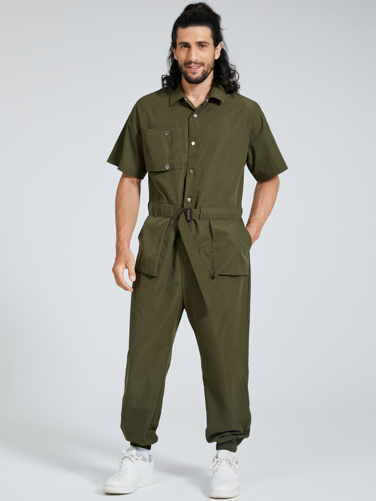 Men Fashion Casual Belt Design Button Design Overalls Jumpsuit