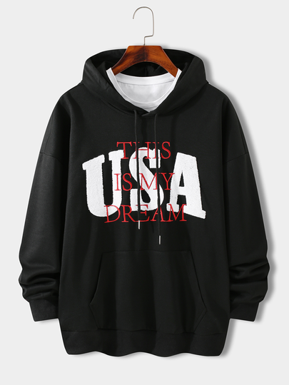 Men Casual Letter Towel Embroidery Pocket Hoodie