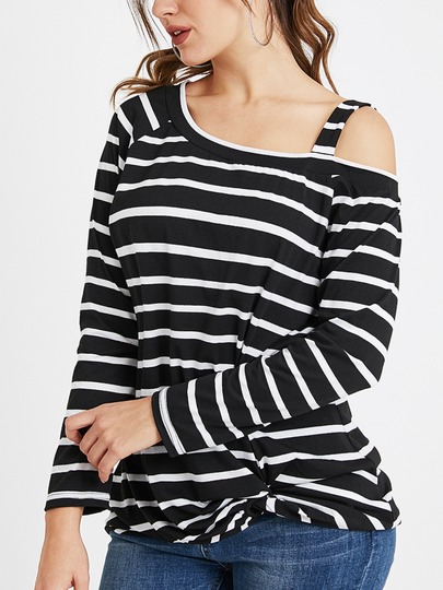YOINS Striped Cold Shoulder Twist Tee