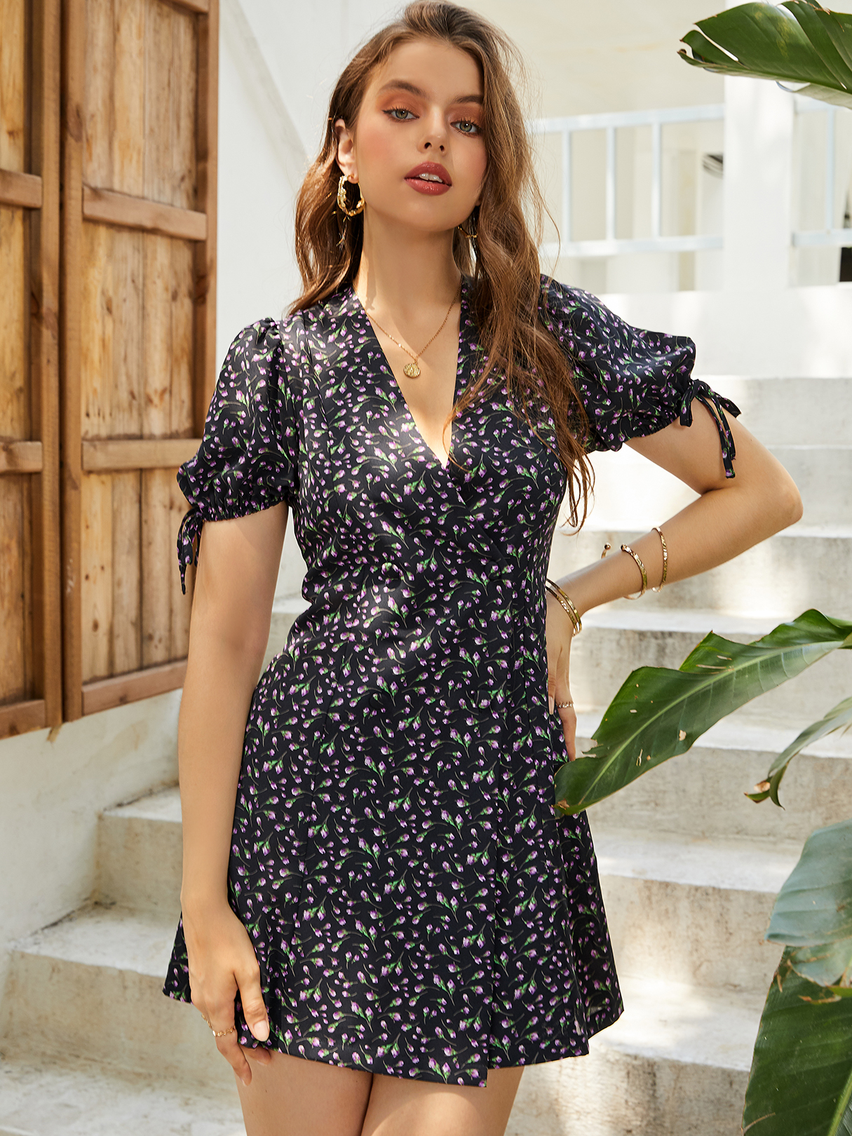 YOINS V-neck Calico Button Front Short Sleeves Mini Dress