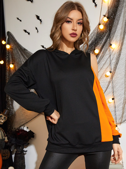YOINS Black Multicolor Patchwork Design Hoodie