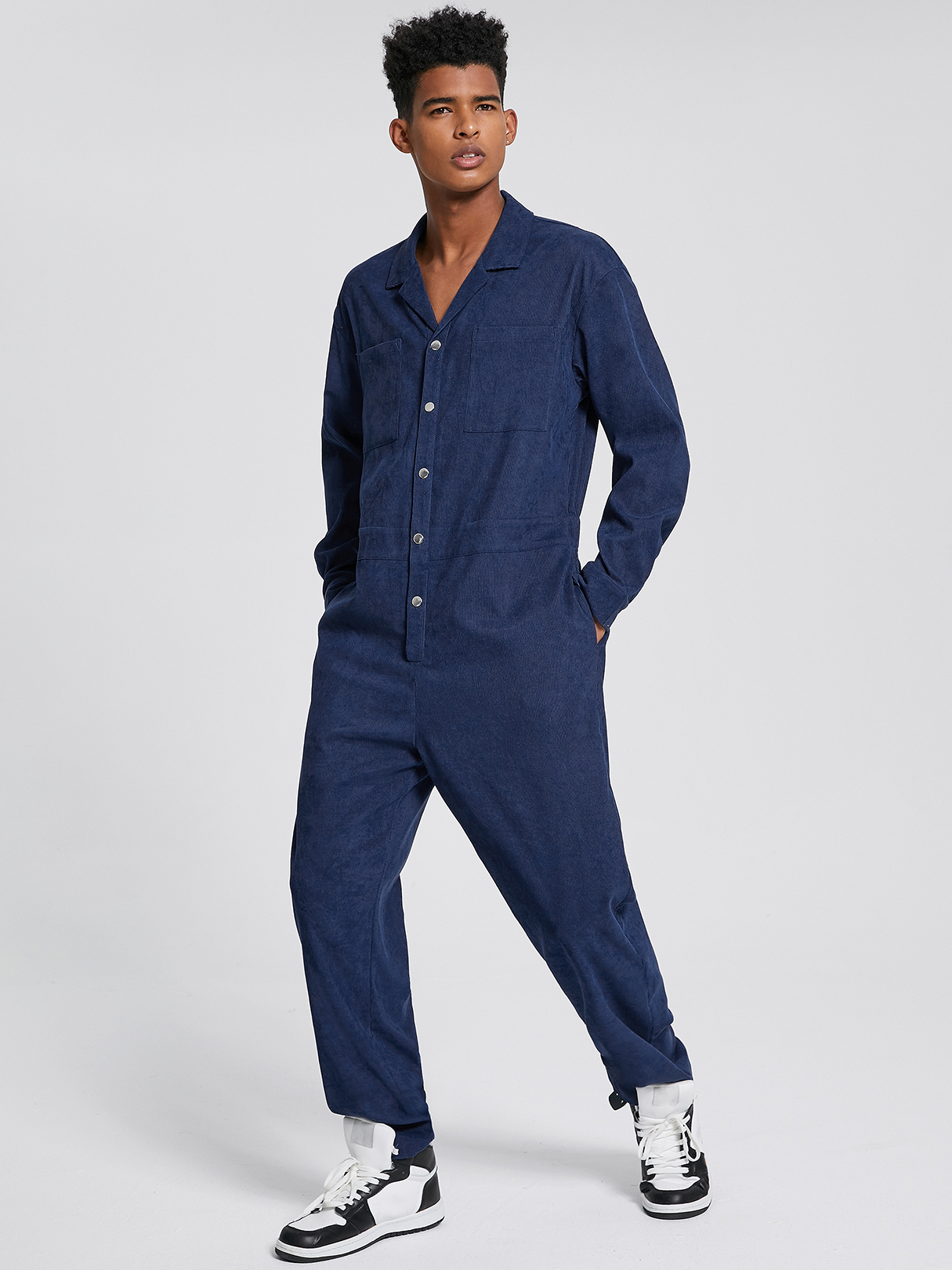 Men Retro Corduroy Button Front Long Sleeve Overalls Jumpsuit