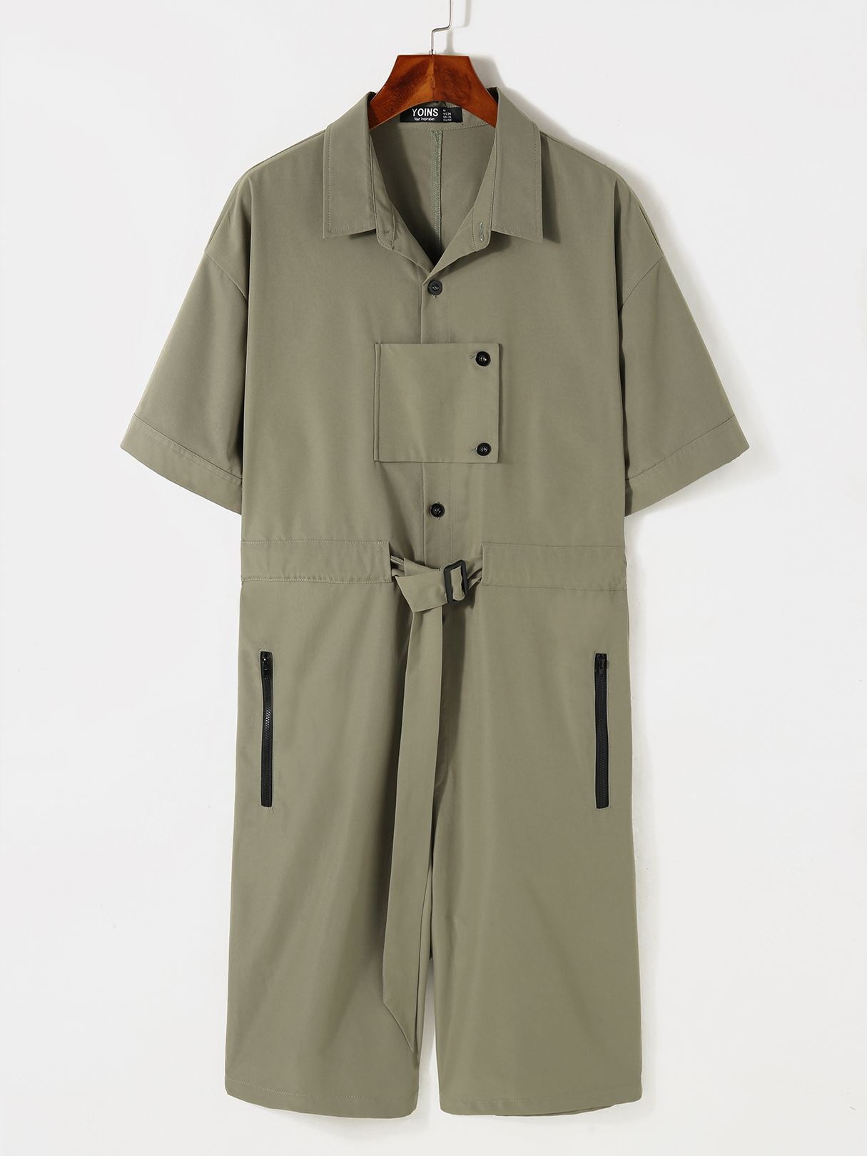 Men Plain Belt Design Button Design Short Sleeves Overalls Jumpsuit