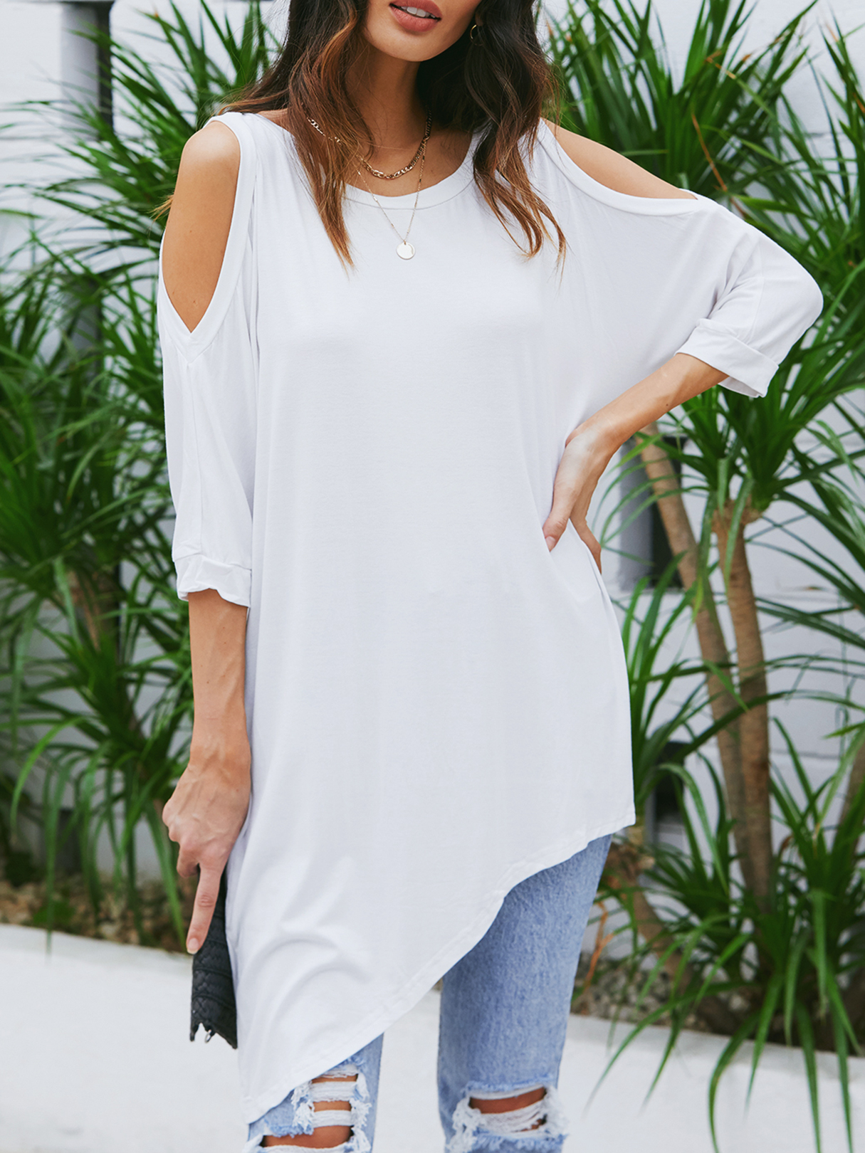 White Round Neck Cold Shoulder Tee