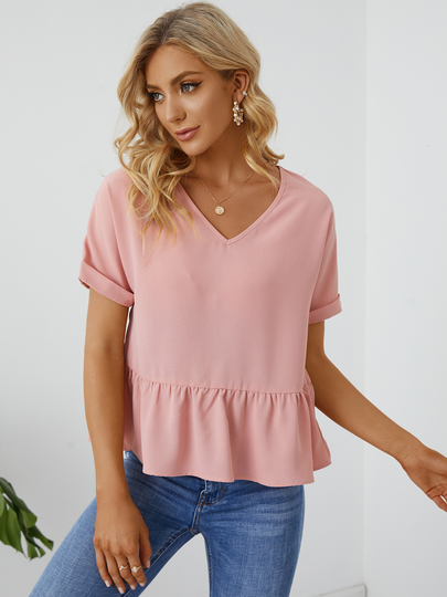 YOINS Ruffle Hem V-neck Short Sleeves Tee