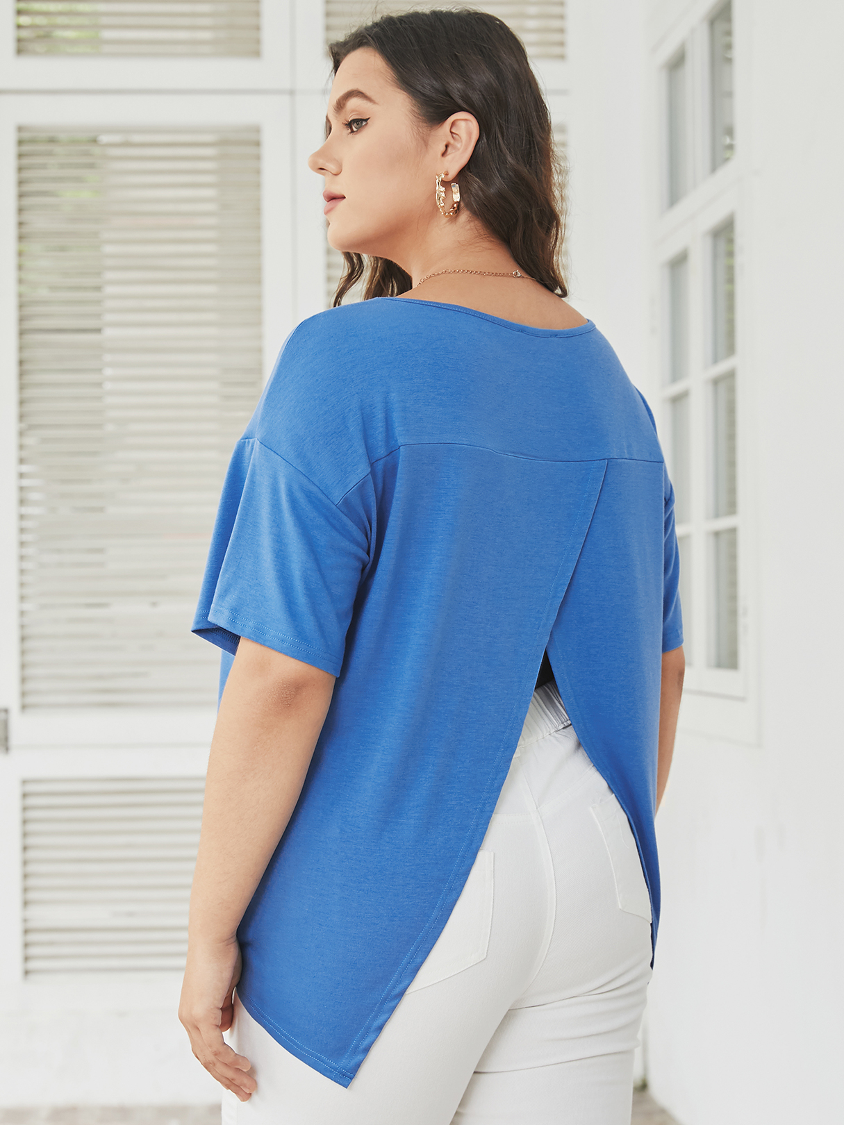 YOINS Plus Size Round Neck Slit Design Half Sleeves Tee