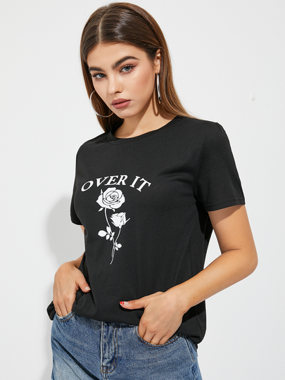 YOINS Rose & Letter Crew Neck Short Sleeves Tee