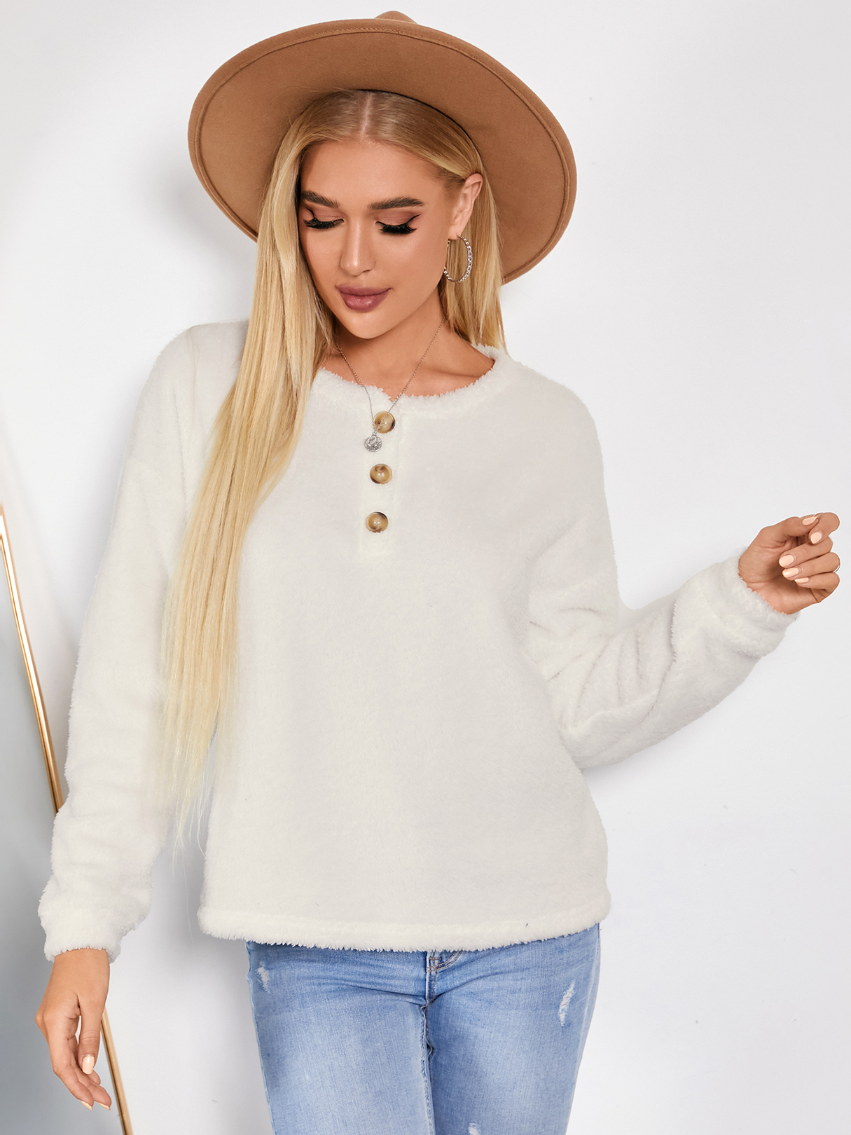 YOINS Teddy Front Button Design Round Neck Sweatshirt
