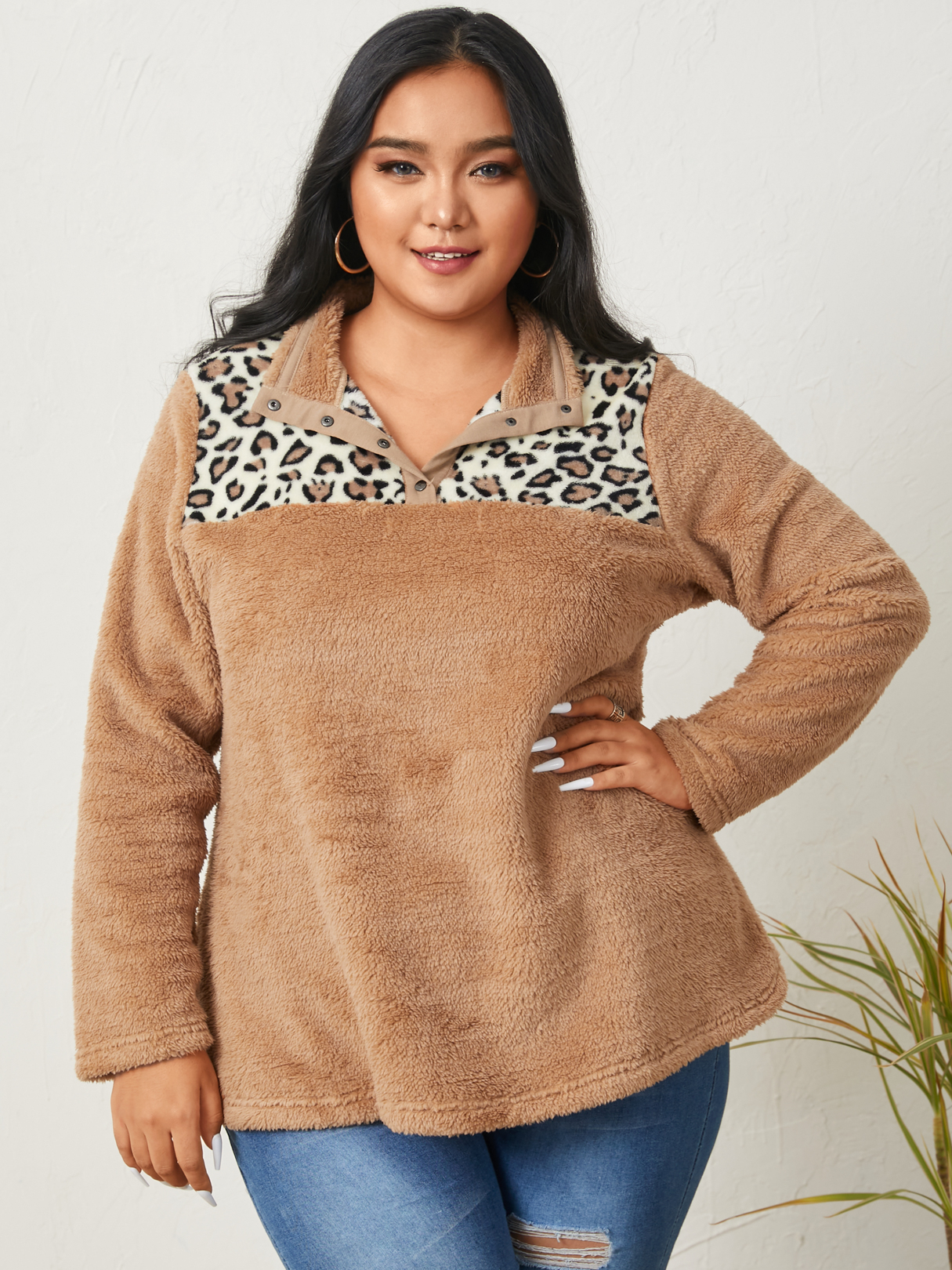 YOINS Plus Size Lapel Collar Patchwork Leopard Long Sleeves Sweatshirt