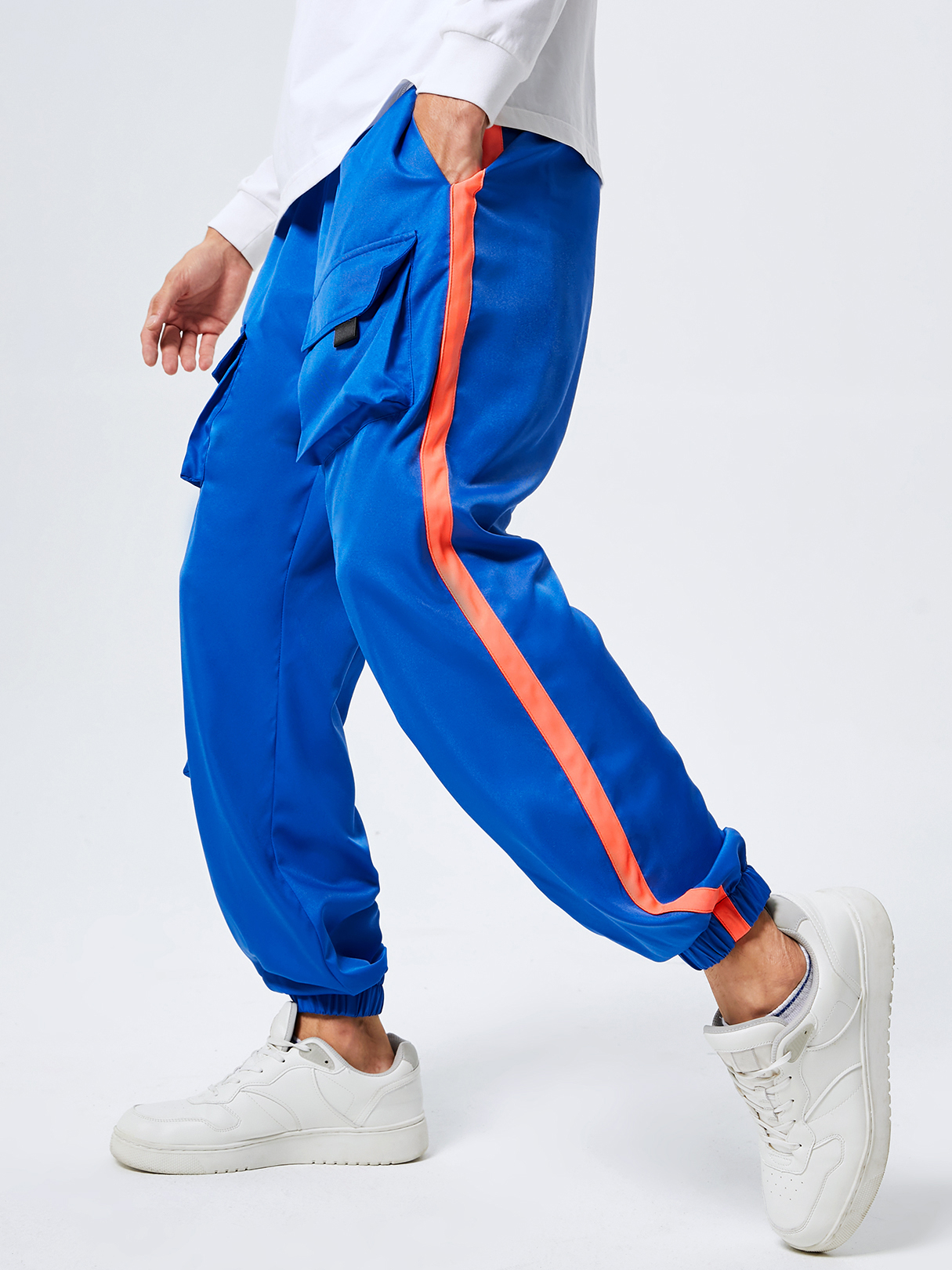 Men Fashion Side Color Block Patchwork Drawstring Waist Cargo Pants