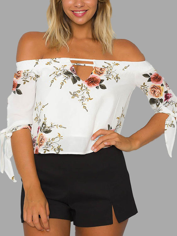 Random Floral Print Off-the-shoulder Top in White
