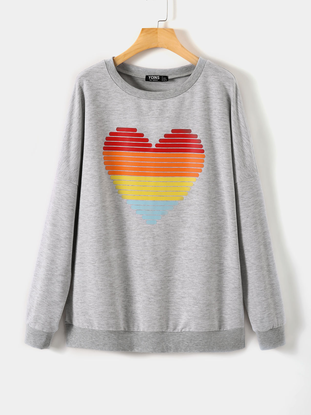 YOINS Grey Slit Design Graphic Round Neck Long Sleeves Tee
