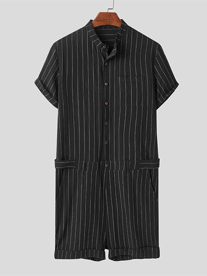 INCERUN Men Causal Striped Print Button Down Short Sleeve Jumpsuit
