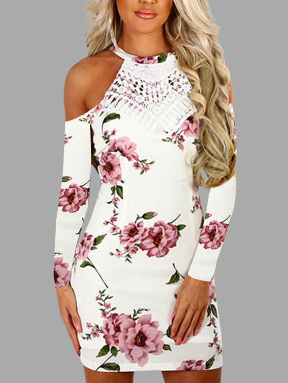 YOINS Random Floral Print Lace Patchwork Cold Shoulder Long Sleeves Dress