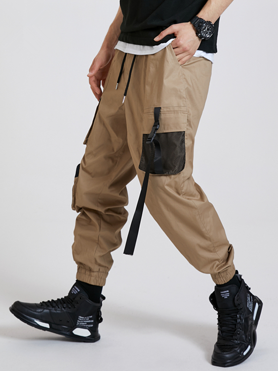 KOYYE Men Mesh Patchwork Ribbon Flap Pocket Cargo Pants