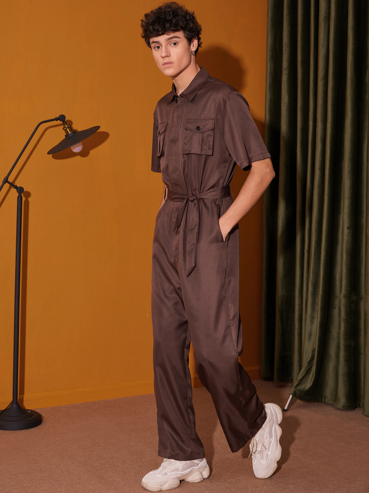 Men Plain Knotted Multi-Pocket Short Sleeve Overalls Jumpsuit