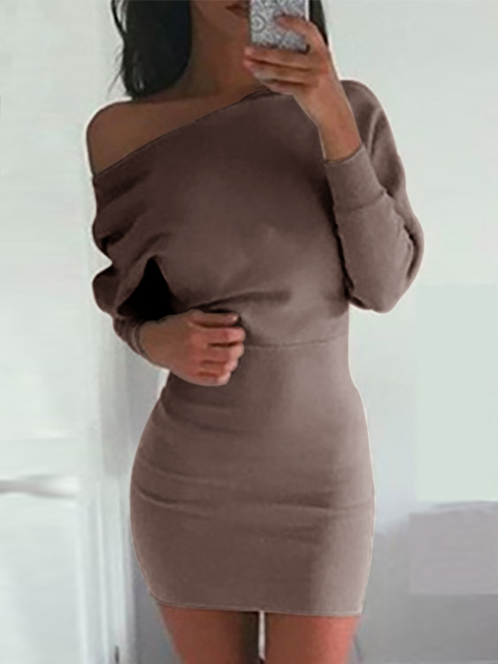 One Shoulder Bat Long Sleeves Mini Dress in Coffee