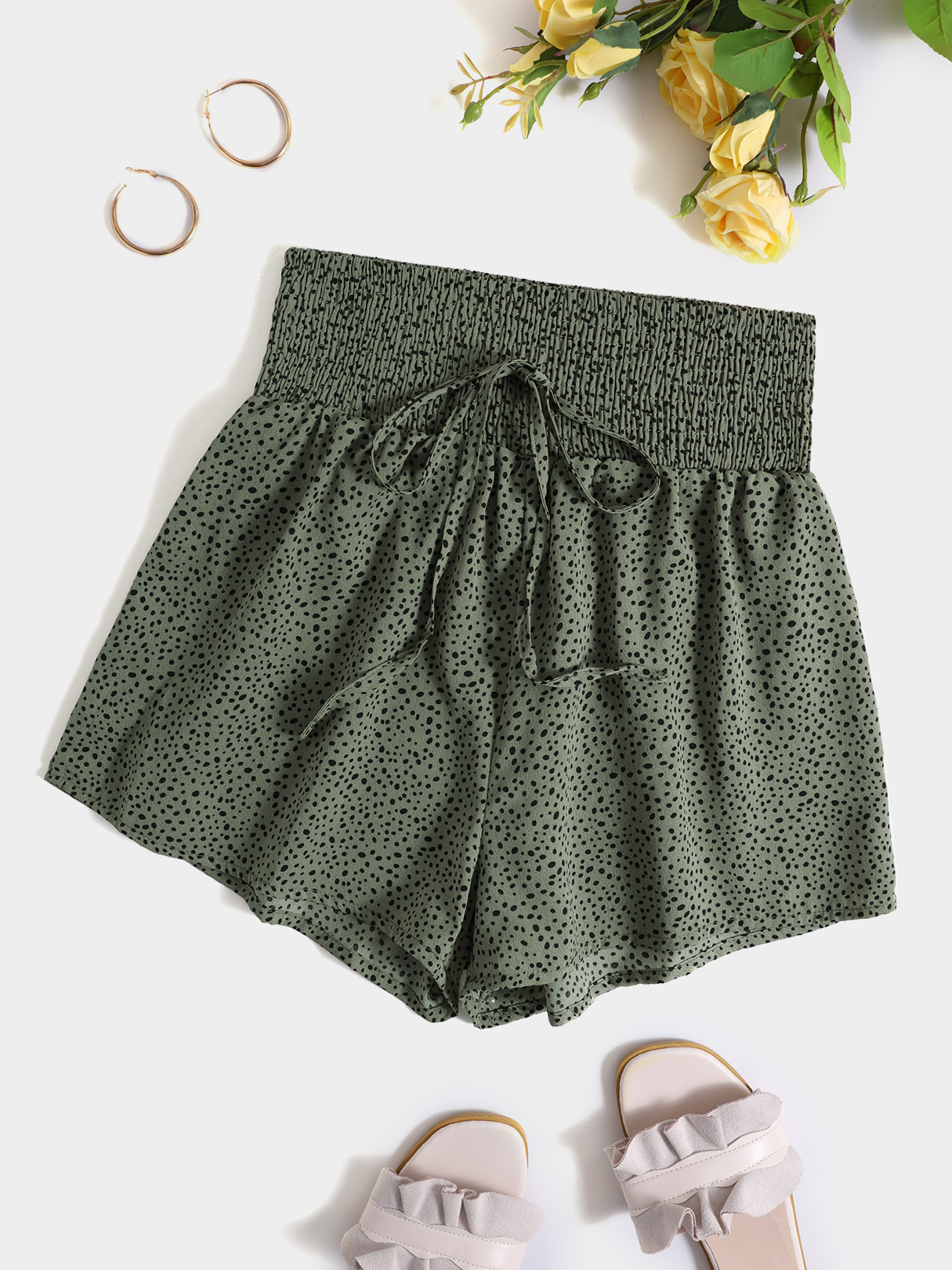 YOINS Polka Dot Shirring Drawstring Waist Shorts