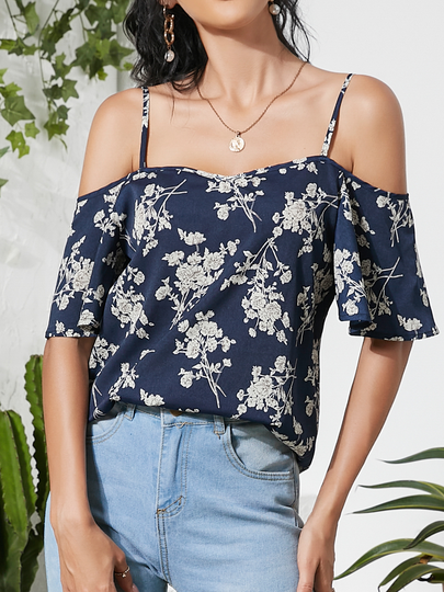 YOINS Navy Random Floral Print Backless Cold Shoulder Short Sleeves Blouse