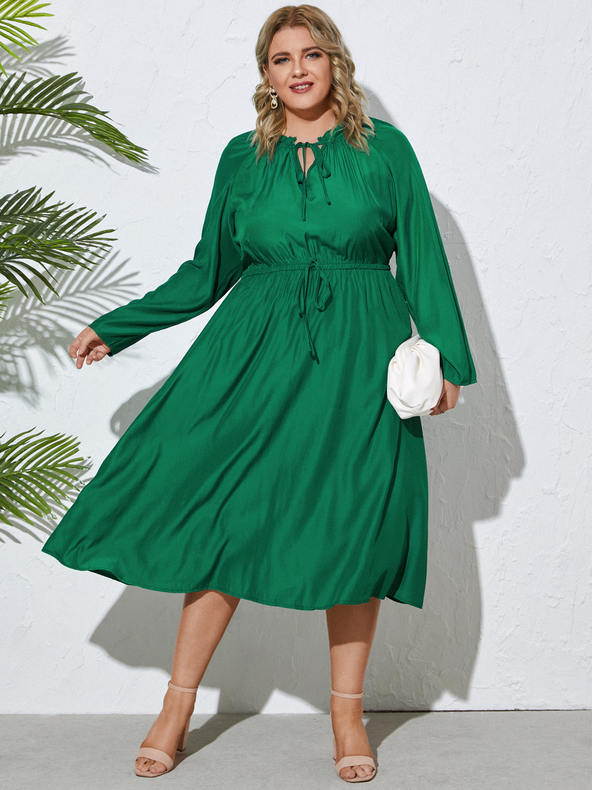 YOINS Plus Size Crew Neck Drawstring Tie-up Design Long Sleeves Dress