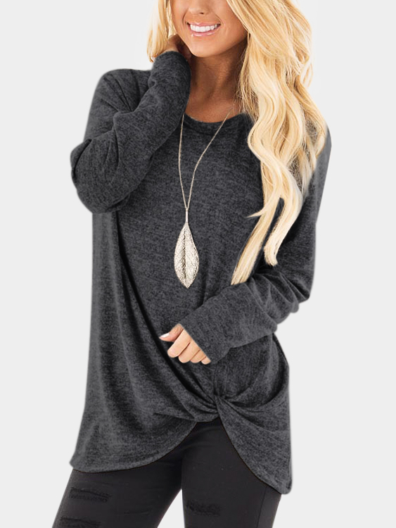 Dark Grey Twist Round Neck Long Sleeves Irregular Hem T-shirt