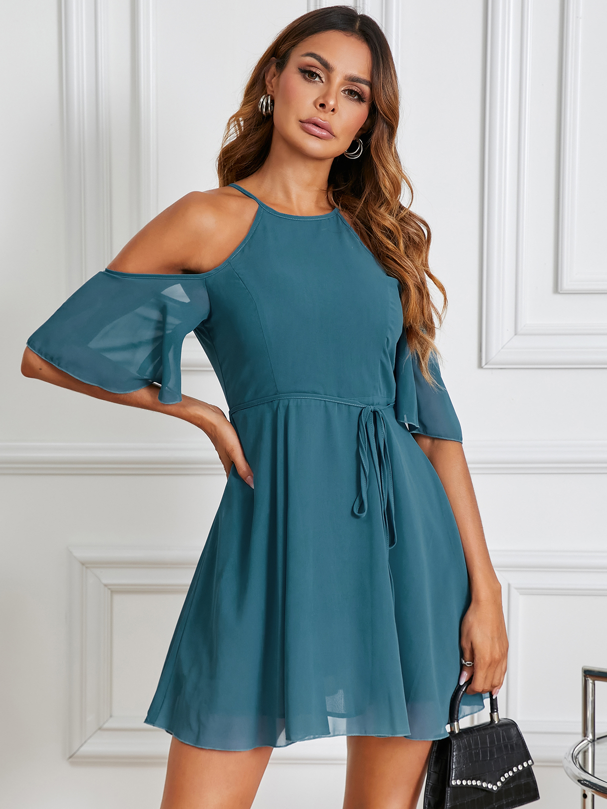 YOINS Cold Shoulder Self-Tie Design Bell Sleeves Mini Dress