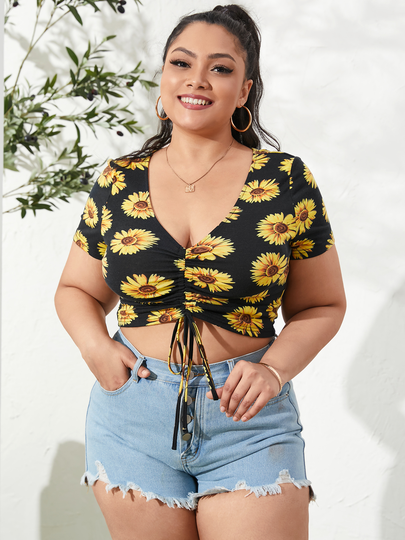 YOINS Plus Size Deep V Neck Floral Print Drawstring Short Sleeves Tee