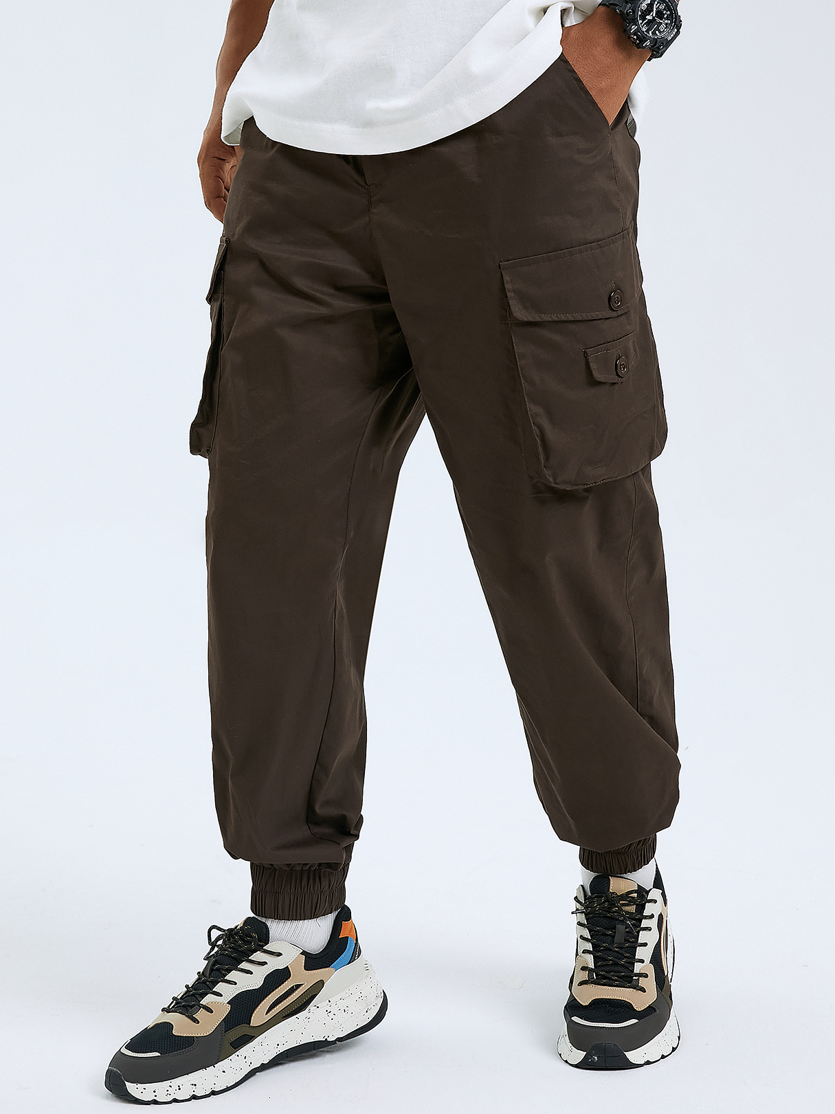 Men Fashion 100% Cotton Plain Multi-Pocket Button Fly Cargo Pants