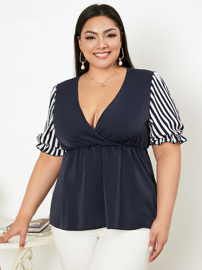 YOINS Plus Size Deep V Neck Striped Patchwork Design Short Sleeves Blouse