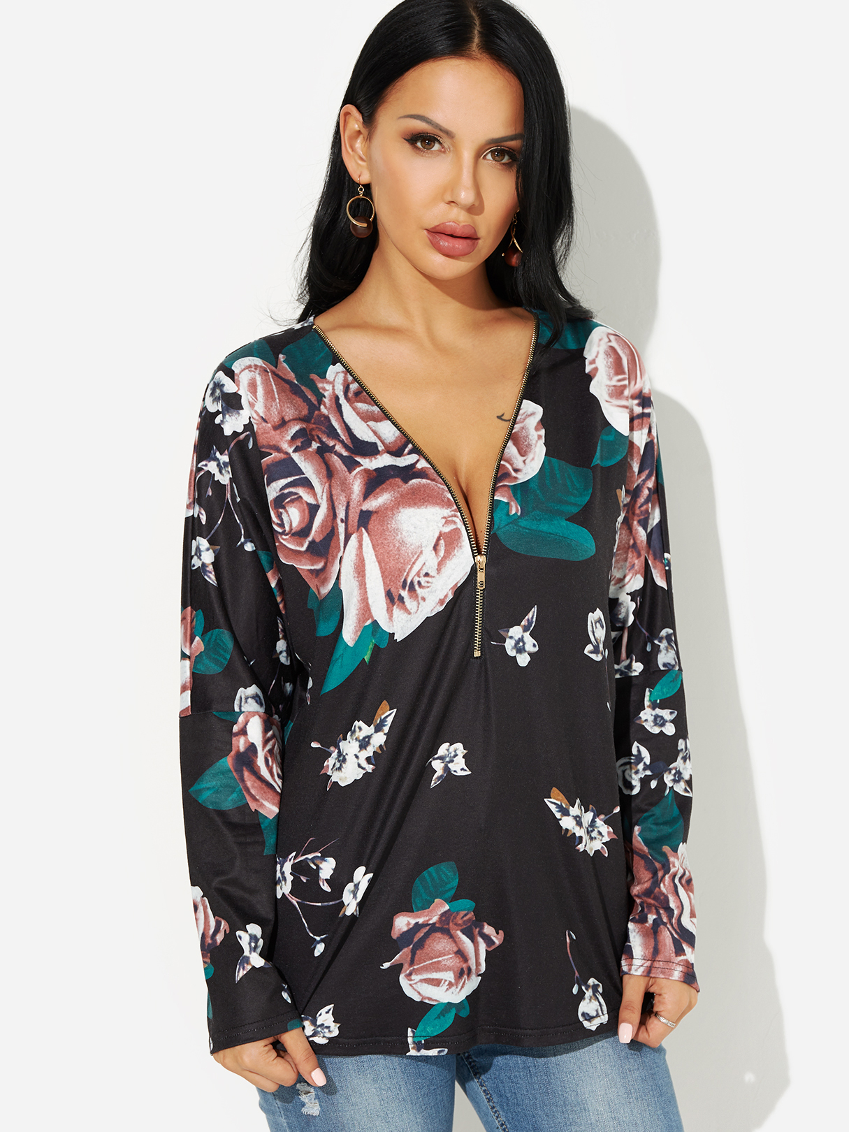 Black V Neck Zip Fashion Blouse