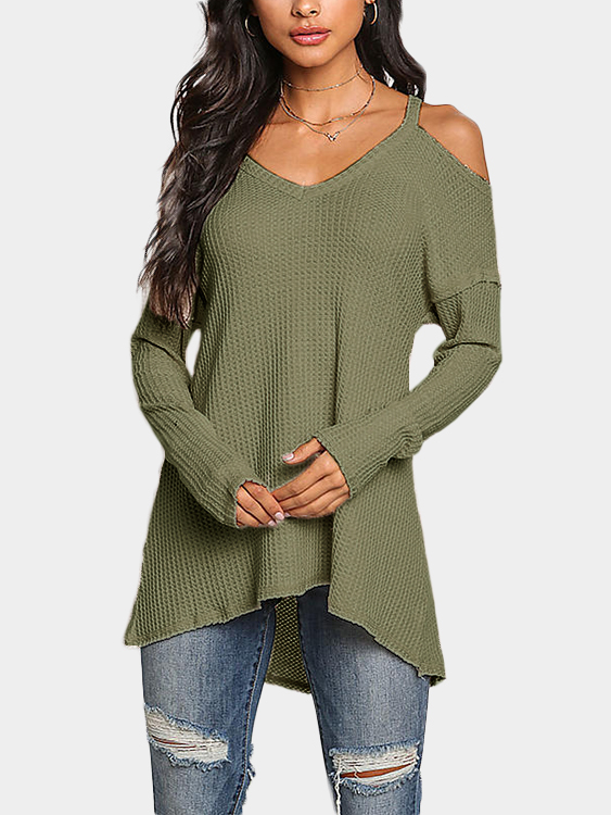 Light Green Cold Shoulder Long Sleeves Knitted Top