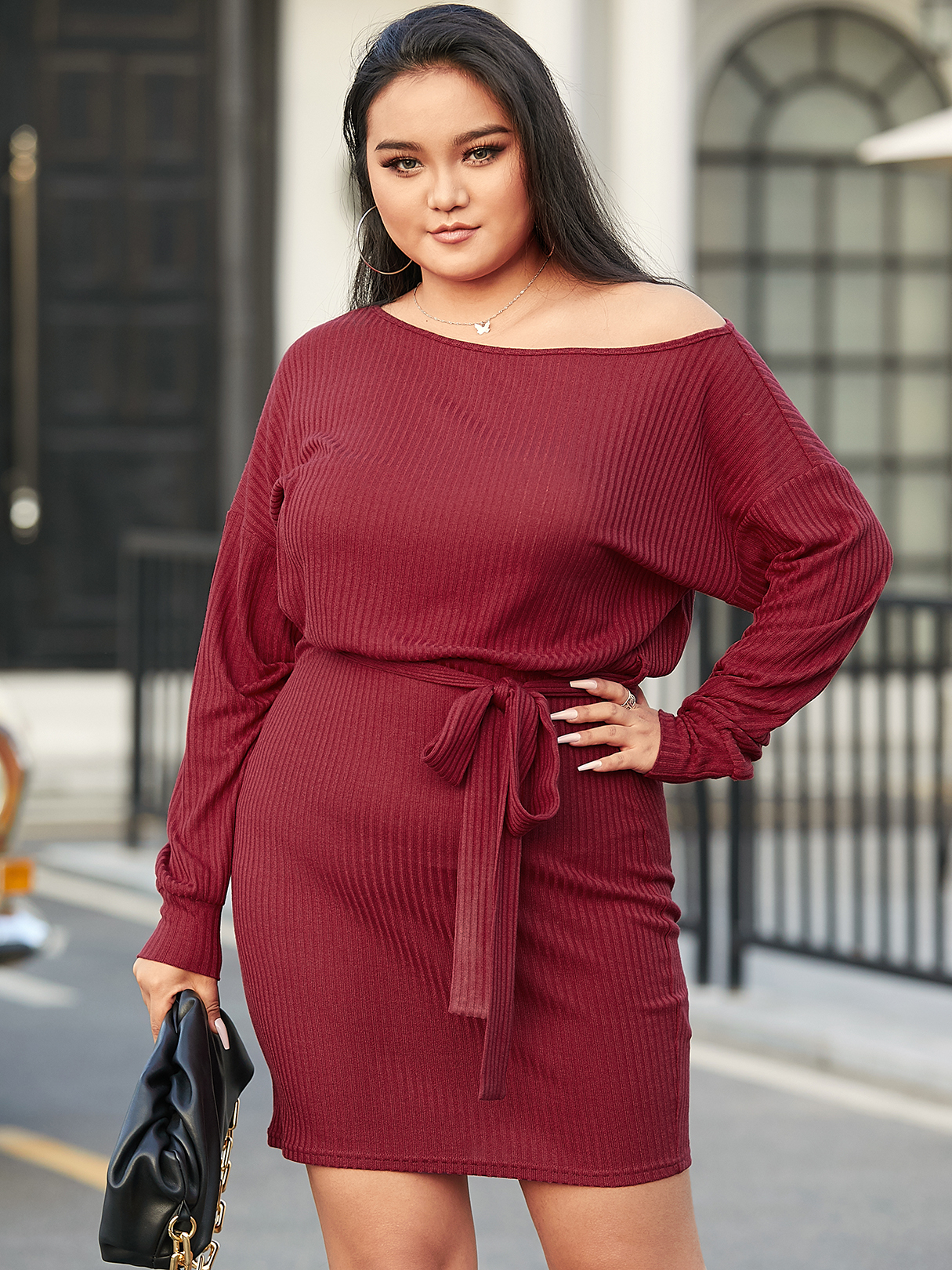 YOINS Plus Size Round Neck Belt Design Long Sleeves Mini Dress