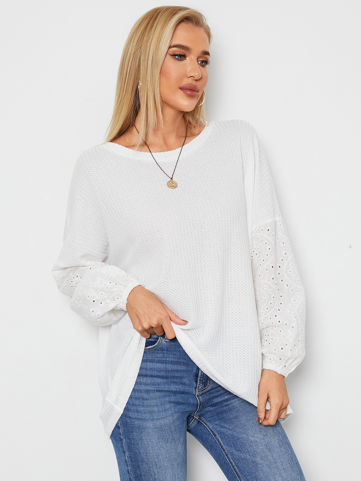 White Hollow Design Round Neck Blouse