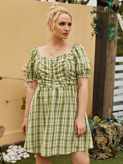 YOINS Plus Size Plaid Backless Design Short Sleeves Dress