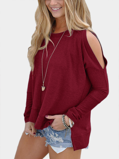 Burgundy Cold Shoulder Long Sleeves Slit Sweatshirt