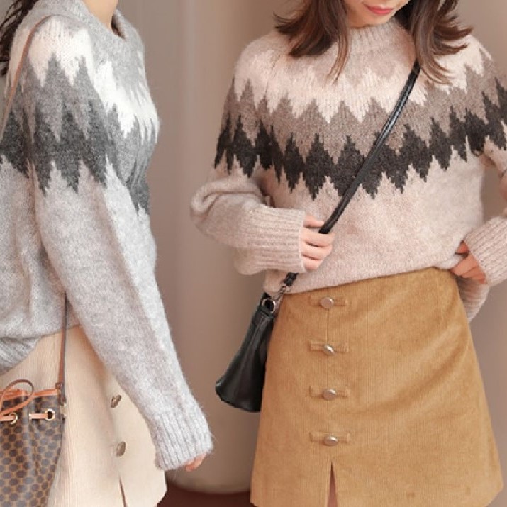 Seoulflash - Round-Neck Pattern Knit Sweater - Grey/One Size