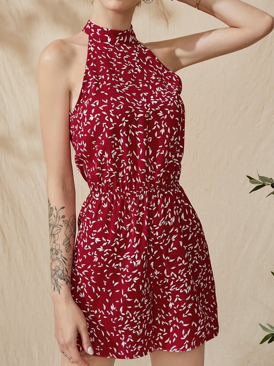 YOINS Halter Leaf Print Cut Out Sleeveless Playsuits