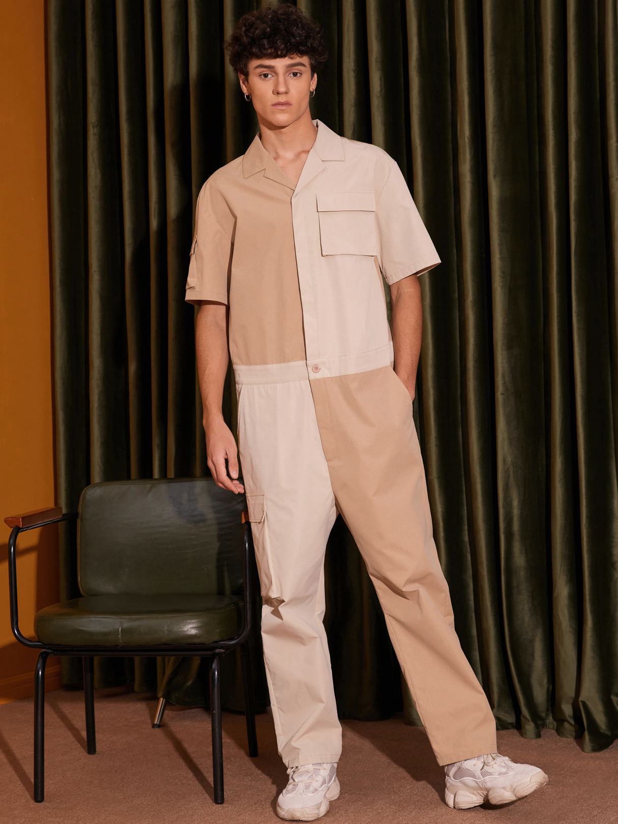 Men Retro Color Block Print Short Sleeve Overalls Jumpsuit